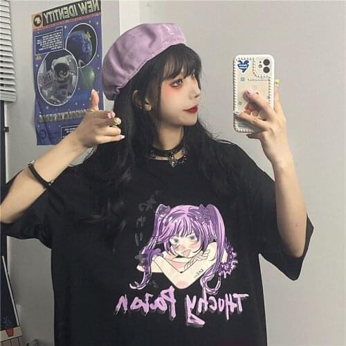 Summer Goth woman tshirts Pure cotton Aesthetic Loose T-shirt Punk Dark Grunge Streetwear anime printing Top Gothic y2k T-shirt