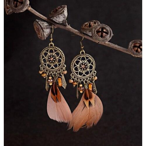 Amader Retro Dreamcatcher Shaped Feather Pendant Round Earrings For Women Ethnic Style Feather Earrings Orecchini Etnici HQE423