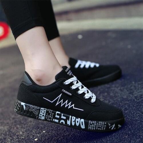 2021 Spring Women Shoes Black Sneakers Women Lace-up Print Casual Shoes Low Top Graffiti Canvas Shoes Woman Flat High Quality