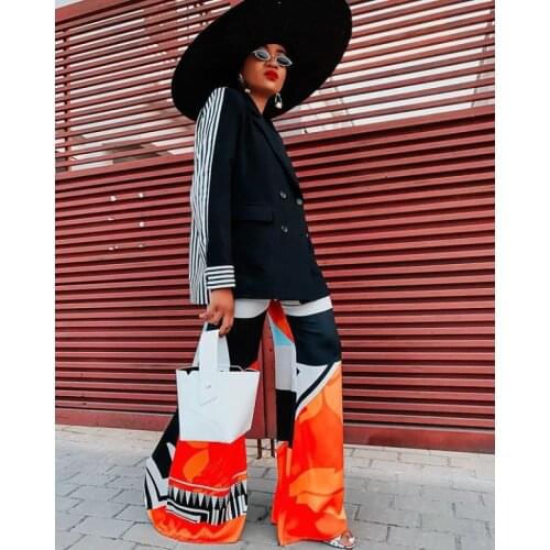 2021 Best Quality Famous Brand 2 pcs Blazer Women Set Striped Patchwork Notched Blazer and Long Pants Office Lady Outfits