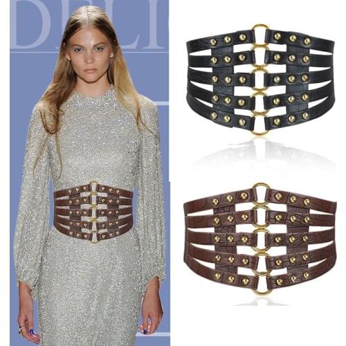 Fashion Punk Super Wide Women Girdle Retro Hollow Rivet Pu Crocodile Pattern Belt Accessories Dress Multi-Color Elastic Waistban