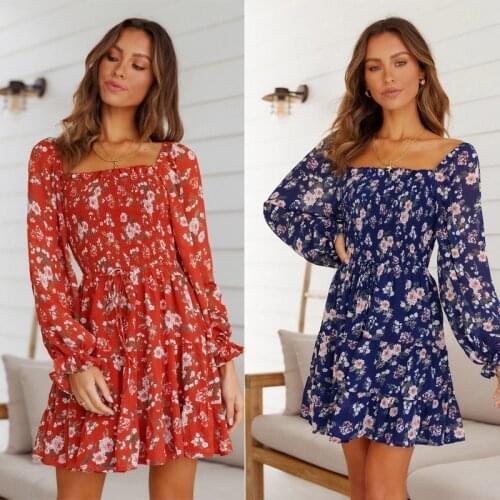 Spring Autumn Fashion Square Collar Lantern Sleeve Womens Sexy Mini Dress 2021 Casual Solid Bandage Flowers Print Ladies Dress