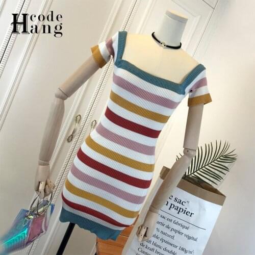 HangCode Korean Fashion Women 2021 Summer Short Sleeve Striped Knitted Bodycon Vestidos Striped Young Lady Mini Dress Vestidos