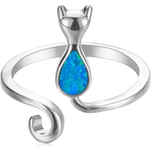 Cute Small Cat Opening Ring White Blue Opal Animal Rings For Women Wedding Jewelry Vintage Fashion Rose Gold Silver Color Ring
