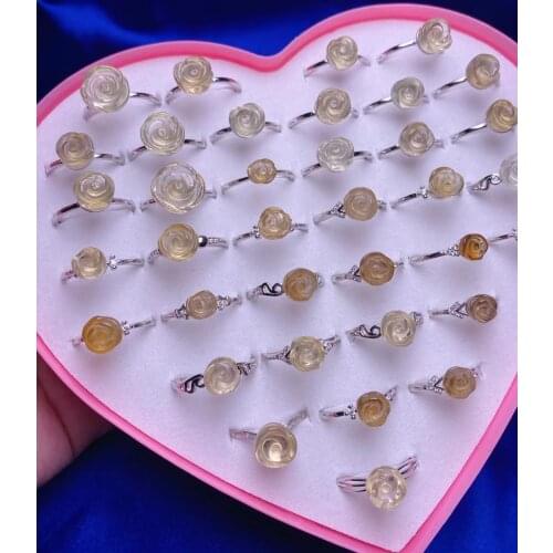 1PC Random Size Quartz Stone Rose Flower Wedding Rings Natural Citrines Yellow Crystal Rings for Women Party Healing Jewelry