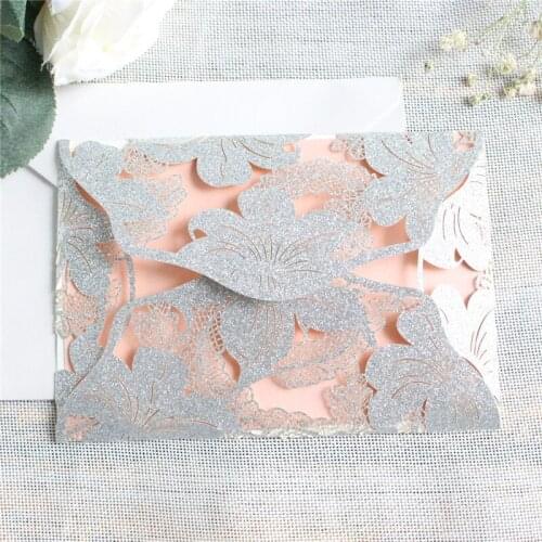 Glittery silver invitation pocket elegant lotus flower laser design customized insert card printing
