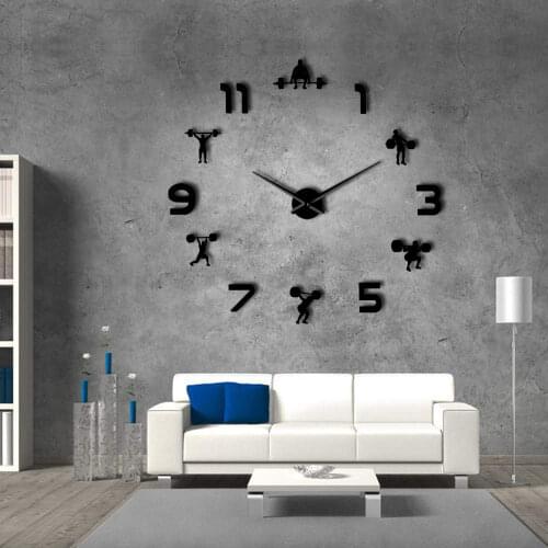 Weightlifting Fitness Room Wall Decor DIY Giant Mute Wall Clock Mirror Effect Powerlifting Frameless Large GYM Wall Clock Watch