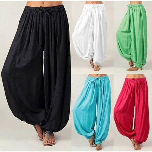 Women Cotton Casual Trousers Aladdin Solid Elastic Afghan Genie Hippy Loose Dance Pants Fashion Lady Plus Size 3XL