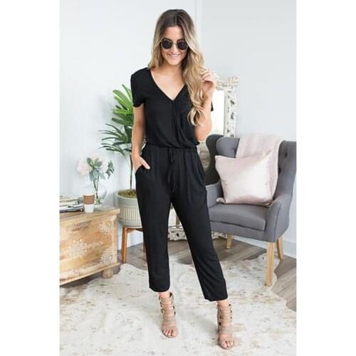 Summer Women Jumpsuits Casual Bodysuit Solid Ankle-Length Rompers Elegant Black White Office Work V-Neck Jumpsuit