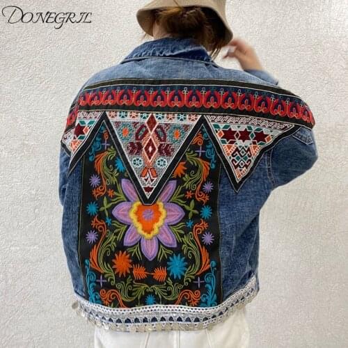 2020 Boho Denim Jacket For Women Autumn Floral Appliques Embroidery Vintage Coat Long Sleeve Outerwear Female Jacket Coatee