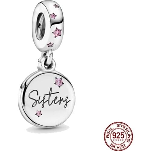 Hot New Silver Color Forever Sisters Dangle Charm Pink Zircon Pendant fit Original Pandora Bracelet Necklace European Jewelry