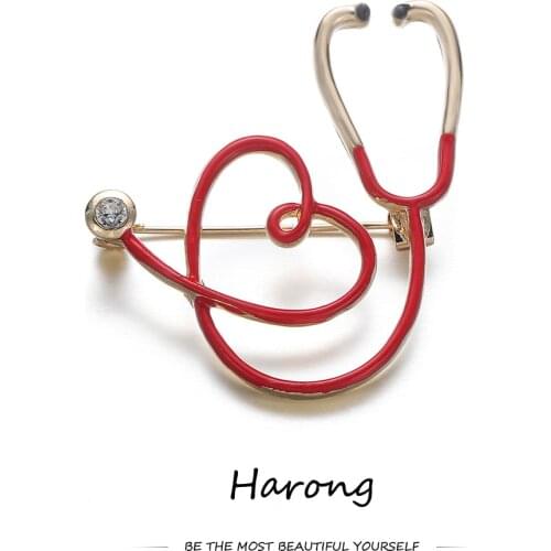 Zinc Alloy Heart-shaped Stethoscope Medical Brooch Pin Small Cute Zircon Enamel Lapel Backpack Badge Pins For Doctor Jewelry