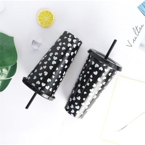 Color Changing Cups with Lids and Straws Reusable BPA Free Cold Drink Cups Heart Shape Pattern for Kids H88F