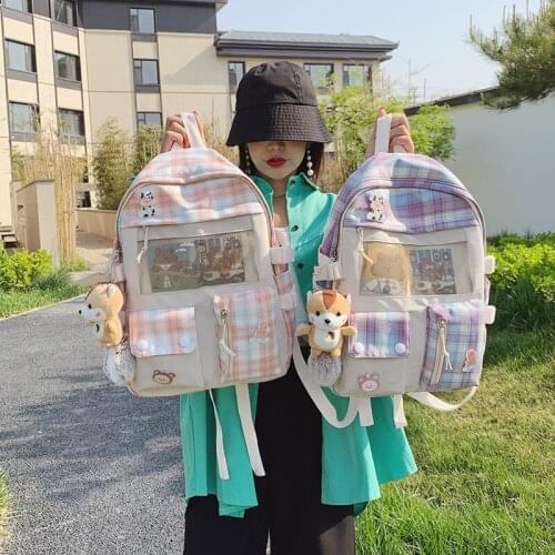 Japanese Cute Plaid Womens Backpack Canvas Large Capacity Backpacks 2021 Fashion Trend Travel Bag SchoolBags School Backpack