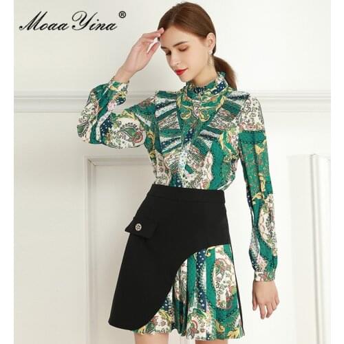 MoaaYina Fashion Designer Set Spring Womens Ruched Ruffles Vintage Print Blouses Tops+Skirt Beautiful Two-piece suit