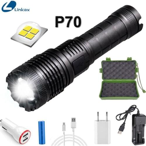 P70 LED Beads Powerful LED Flashlight USB Rechargeable AAA/18650/26650 Battery Brightest Working Torch Lamp for Camping Fishing