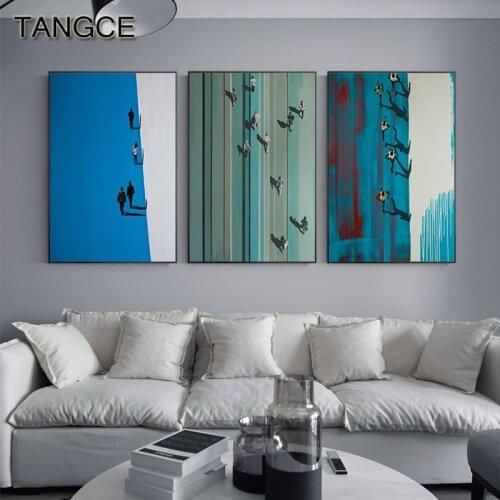 Nordic Blue White Posters and Prints Abstract Walking Man Canvas Art Modern Shadow Wall Pictures for Living Room Nordic Wall Art