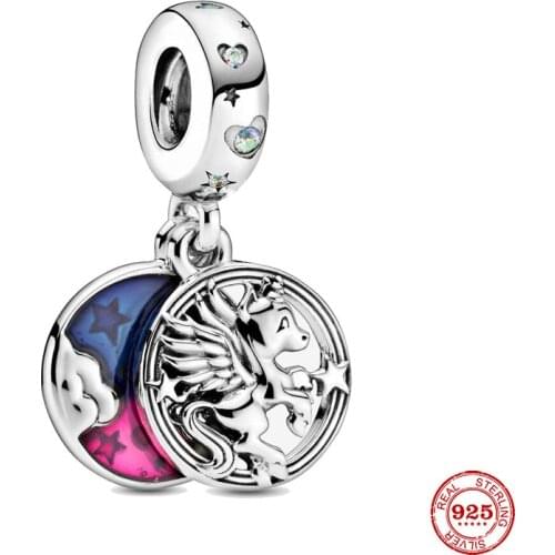 New Original Silver Color Magical Unicorn Double Dangle Bead Fit European Pandora Charms Bracelet Bangles Diy Jewelry P306