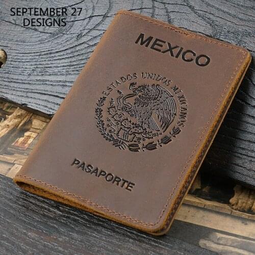 Mexico Passport Cover Men Crazy Horse Leather Passport Case Women Genuine Leather Handmade 100% Cowhide Travel Passport Bag
