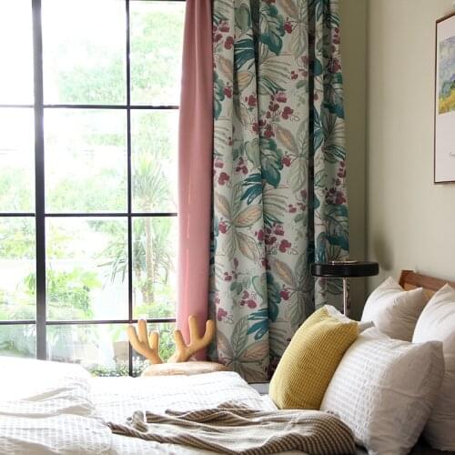 Franch Style Window Curtain Pink Cloth and Green Leaves Printed Curtains for Living Room Blackout Curtains for Bedroom Curtain