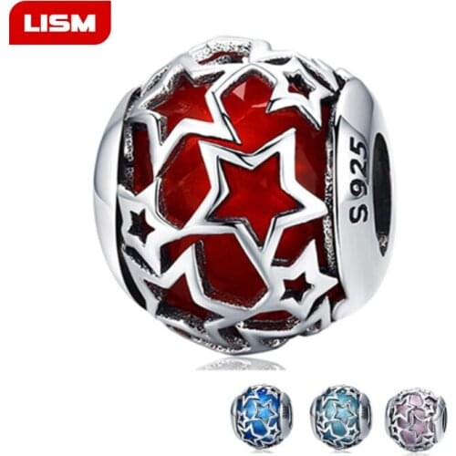 Authentic 925 Sterling Silver Encased In Pentagram Cerise Crystal Openwork Stars Bead Charm For Bracelets And Necklace