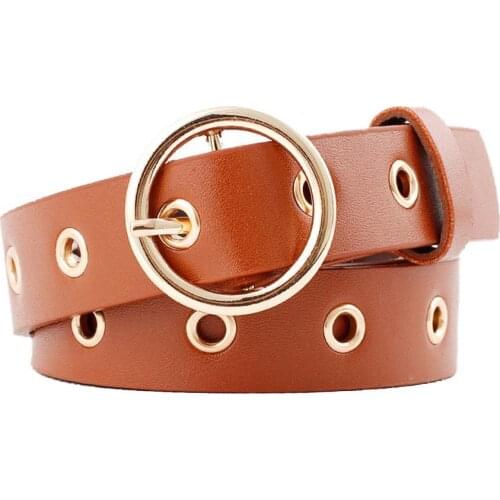 Women Round Buckle Eyelets Adjustable Faux Leather Belt Jeans Pants Waistband