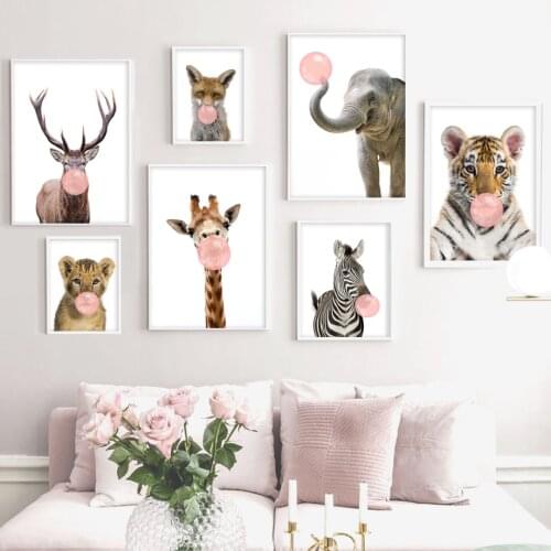 Pink Bubble Giraffe Elephant Zebra Lion Nursery Wall Art Print Canvas Painting Nordic Poster Wall Pictures Baby Kids Room Decor