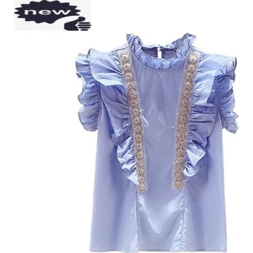 Sleeveless Ruffle Shirts Pearls Rivets Kawaii Summer Cotton Office Female Blouses O-Neck Tank Shirt New Women Elegant Tops