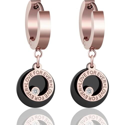 New Black Circle Inlaid Love Forever Zirco Circle Drop Earrings For Women Stainless Steel Wedding Love Earring Wholesale