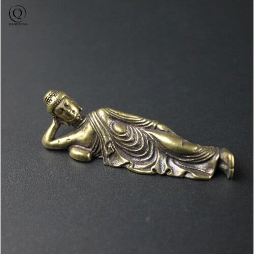 Vintage Solid Brass Sleeping Buddha Mini Figurines Copper Guanyin Ornaments Statue Home Desk Decoration Car Keychain Pendant