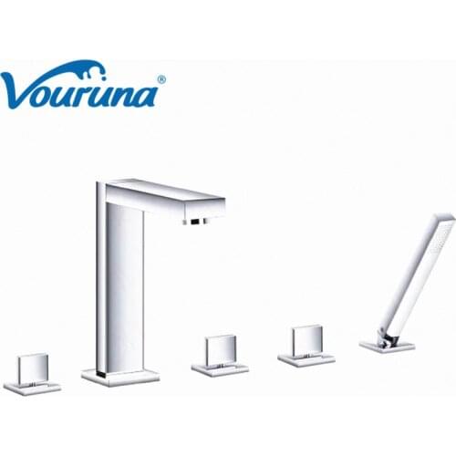 VOURUNA Square Luxurious Solid Brass Chrome Finish 5pcs Tub Faucet BathShower Mixer Taps With Handshower Set