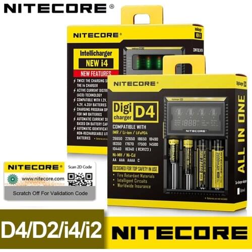 Nitecore D4 D2 New I4 I2 Digicharger LCD Intelligent Circuitry Global Insurance li-ion 18650 14500 16340 26650 Battery Charger