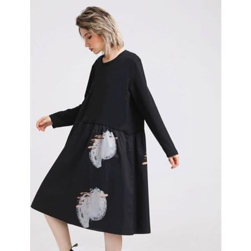 Autumn Long T shirt Women Black T-shirt Polka Dot Printed Patchwork Big Size Thin Long Tops Tees Female tshirt vestido de festa