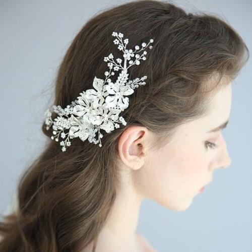 SLBRIDAL Handmade Silver Color Rhinestones Flower Wedding Hair Clip Barrettes Bridal Headdress Hair Accessories Women Jewelry