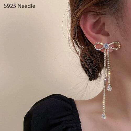 925 Sterling Silver Needle Long Dangle Drop Earrings for Women Jewelry Shining Butterflyknot Fairy Female Tassel Earrings