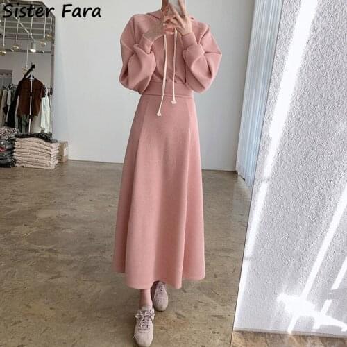 Sister Fara Autumn Winter Womens Loose Hooded Sweaters+High Waist Long A Line Half Skirt Ladies Solid Casual Two Piece Suit