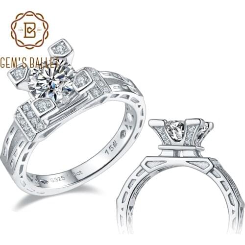GEMS BALLET 925 Sterling Silver Moissanite Ring 1ct Round & Baguette Moissanite Engagement Ring Setting For Women Wedding