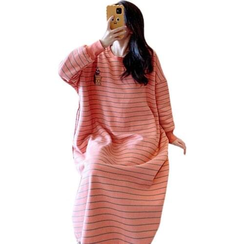 Women Sleep Dress Autumn Winter Fashion Stripe Thicken Warm Loose Nightdress Cartoon Cute Oversize Nightwear Casual Nightgown