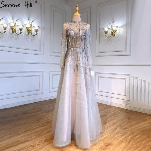 Serene Hill Silver Luxury Crystals Beaded Evening Gown 2021 High Neck Open Back Lace Up For Women Formal Party Dress CLA71227