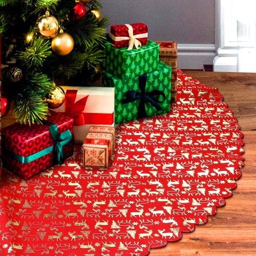 48 Inch Red Christmas Tree Skirt with Gold Deer Xmas Tree Carpet Floor Mat Cover Christmas Decorations for Home New Year 2021