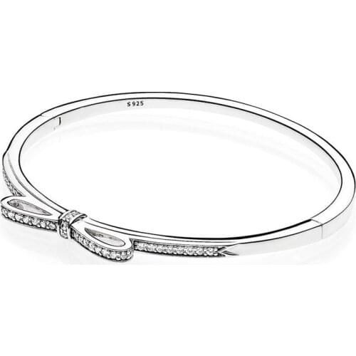 Authentic 925 Sterling Silver Sparkling Bow Fashion Bangle Fit Pandora Women Bead Charm Bracelet Gift DIY Jewelry
