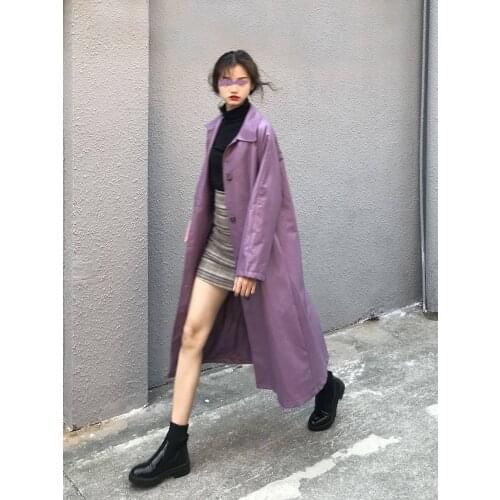 British Womens Pu leather purple Trench Coats Full Length Belted Zipper Motorcycle Jackets