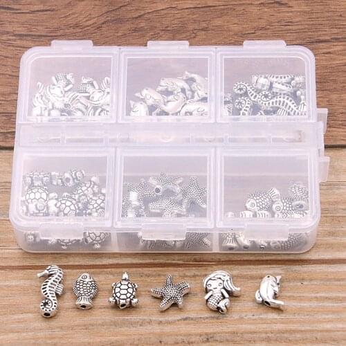 1Set 6 Styles Mermaid Turtle Dolphin Small Hole Bead Marine Life Charm With Box Material For DIY Jewelry Earring Bracelet Making