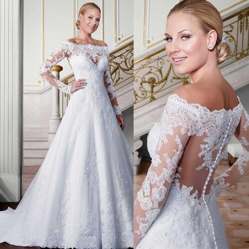 Exquisite Tulle Off-the-shoulder Neckline A-line Wedding Dress Long Sleeves Crystals Pure White Brazil Bridal Gown