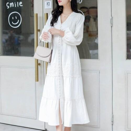 Jastie 2021 Women Boho Summer Dresses vintage solid V-Neck Long Sleeve Hook Flower Hollow Single-Breasted Slim Robe Femme