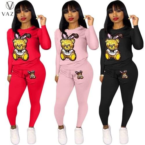 VAZN 2021 Autumn Cut Cartoon Casual Daily Free High-end Tracksuits Young Full Sleeve Long Pants Slim 2PCs Set Women Suits