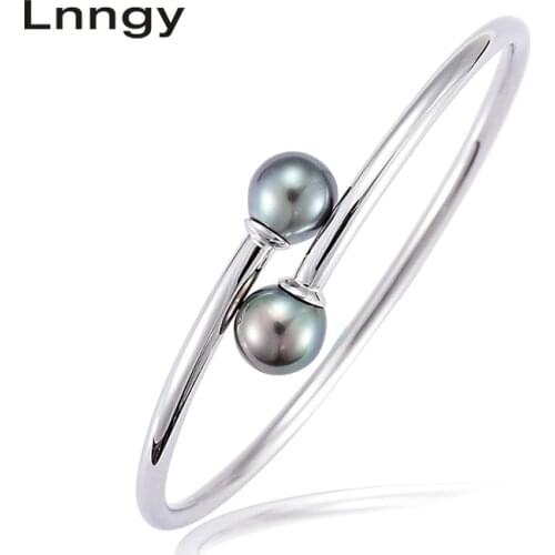 Lnngy Natural Tahitian Cultured Pearl Round Pearl Bangle 925 Sterling Silver Open Adjustable Women Bracelet Birthday Jewelry