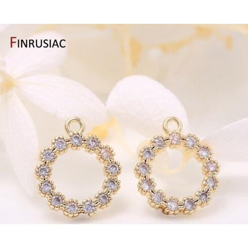 Jewellery Making Supplies 14k Gold Plated Copper Metal Inlay Zircon Round Small Pendant DIY Earrings Necklaces Fittings
