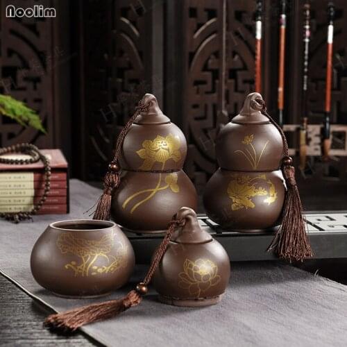 NOOLIM Purple Clay Gourd Shape Tea Caddy Ceramic Double Layer Coarse Pottery Sealed Puer Storage Tank Universal Canister