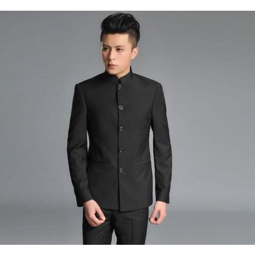 2020 new arrival slim men chinese tunic suit set with pants mens suits wedding groom formal dress suit business black fashion